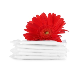 Photo of Stack of menstrual pads and gerbera flower on white background. Gynecological care