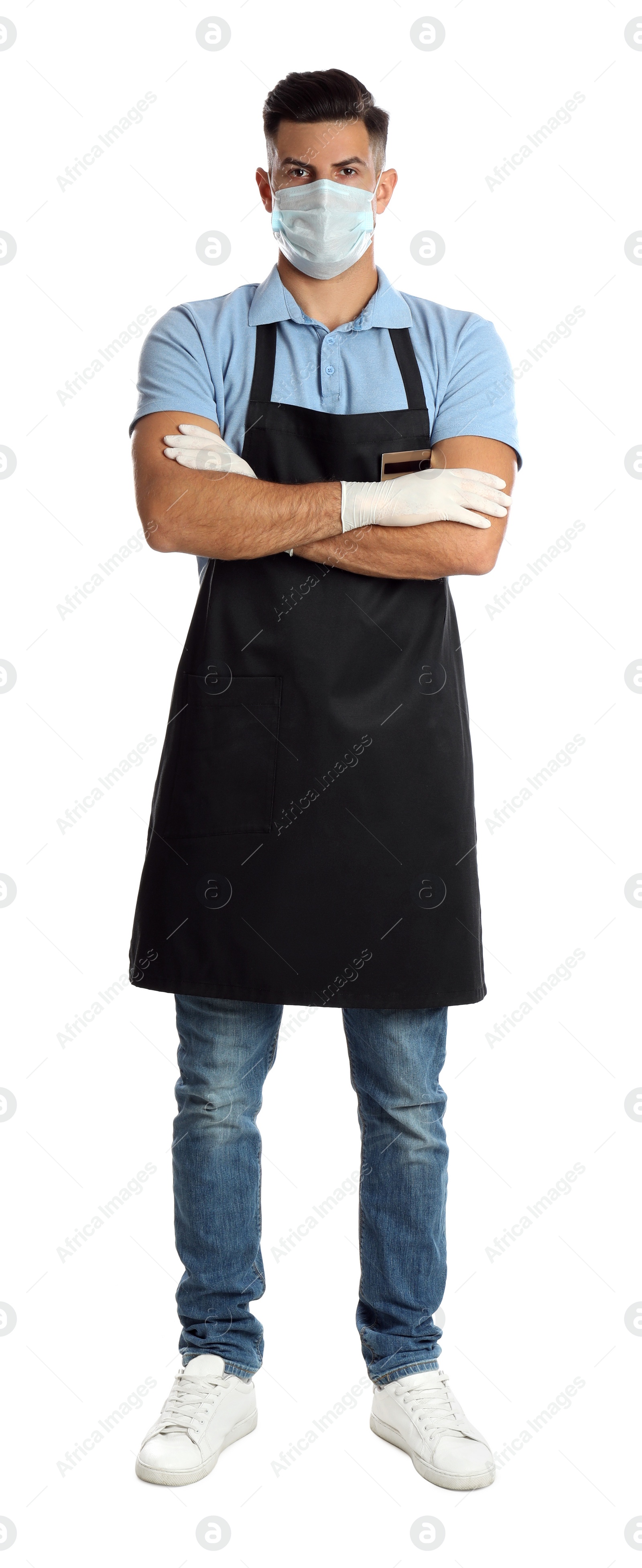 Photo of Waiter wearing medical face mask on white background