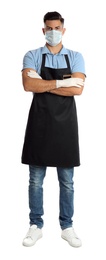 Waiter wearing medical face mask on white background