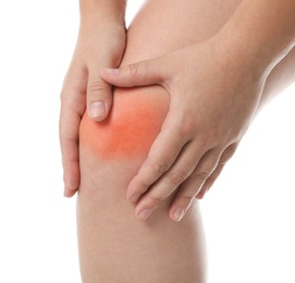 Photo of Woman having knee problems on white background, closeup