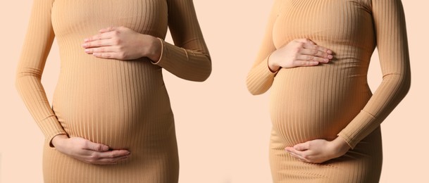 Collage with photos of pregnant woman touching her belly on beige background, closeup. Banner design