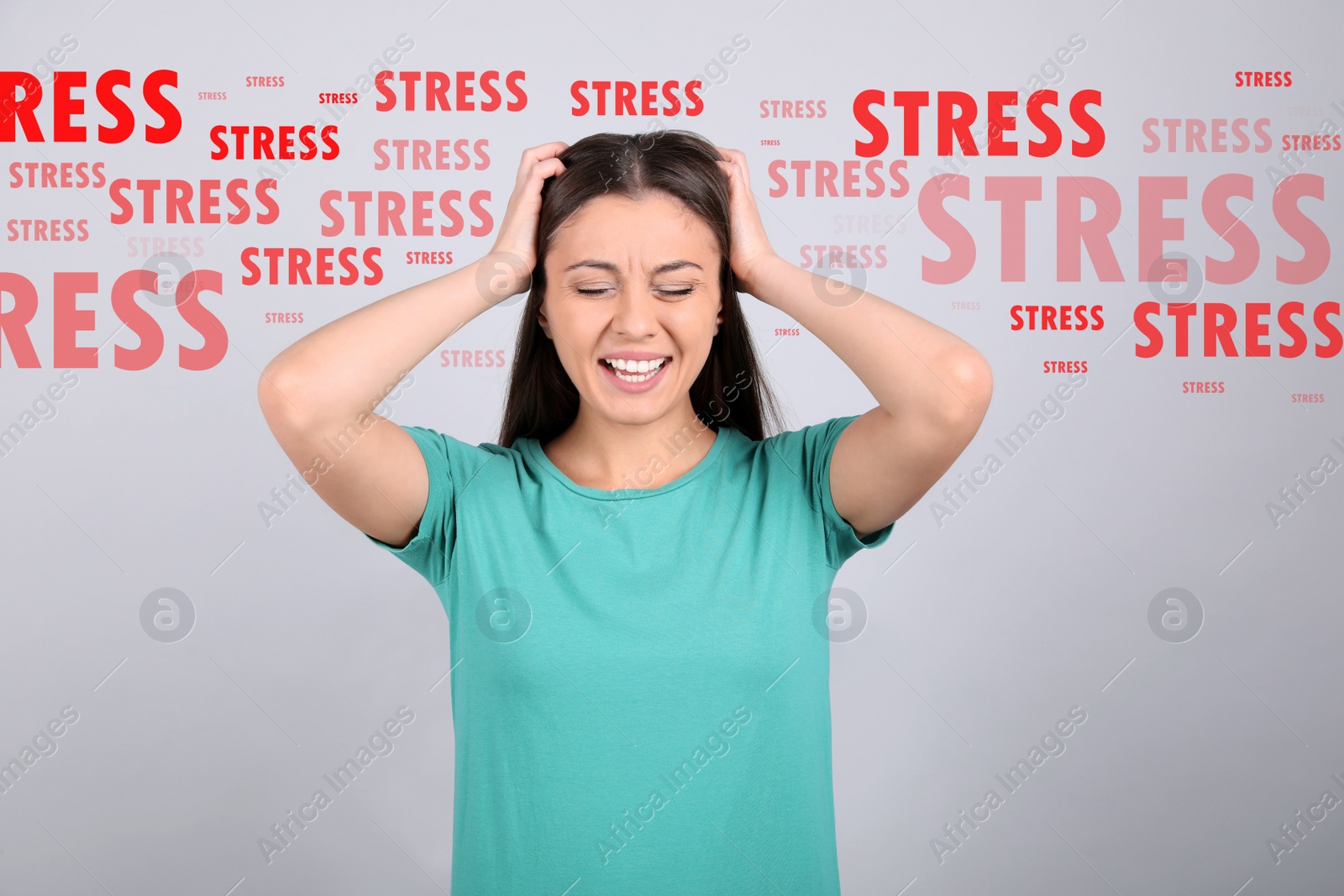 Image of Stressed young woman and text on light grey background