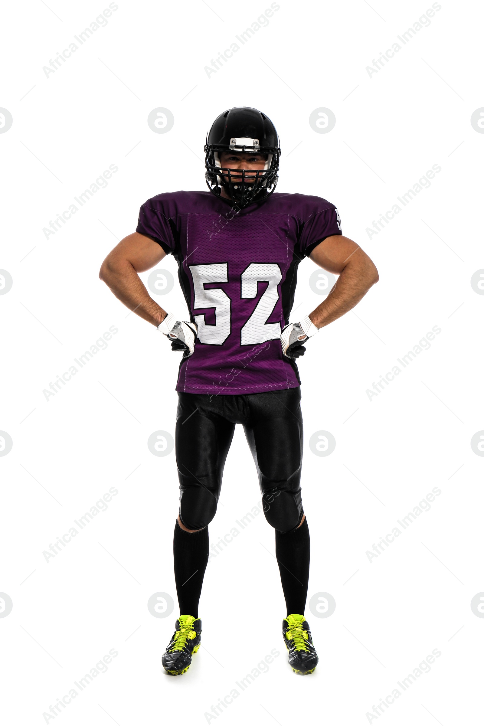 Photo of American football player wearing uniform on white background