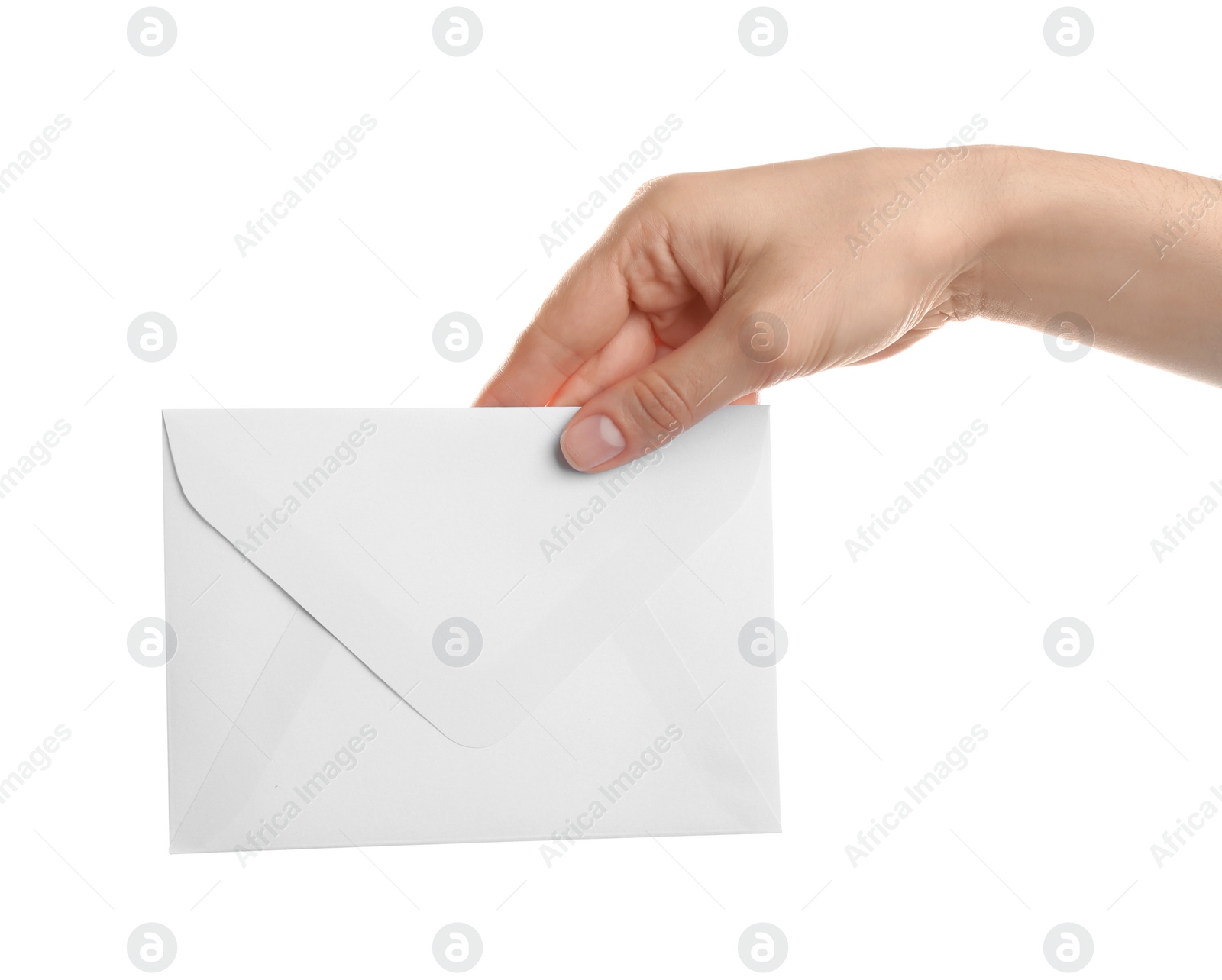 Photo of Woman holding paper envelope on white background, closeup