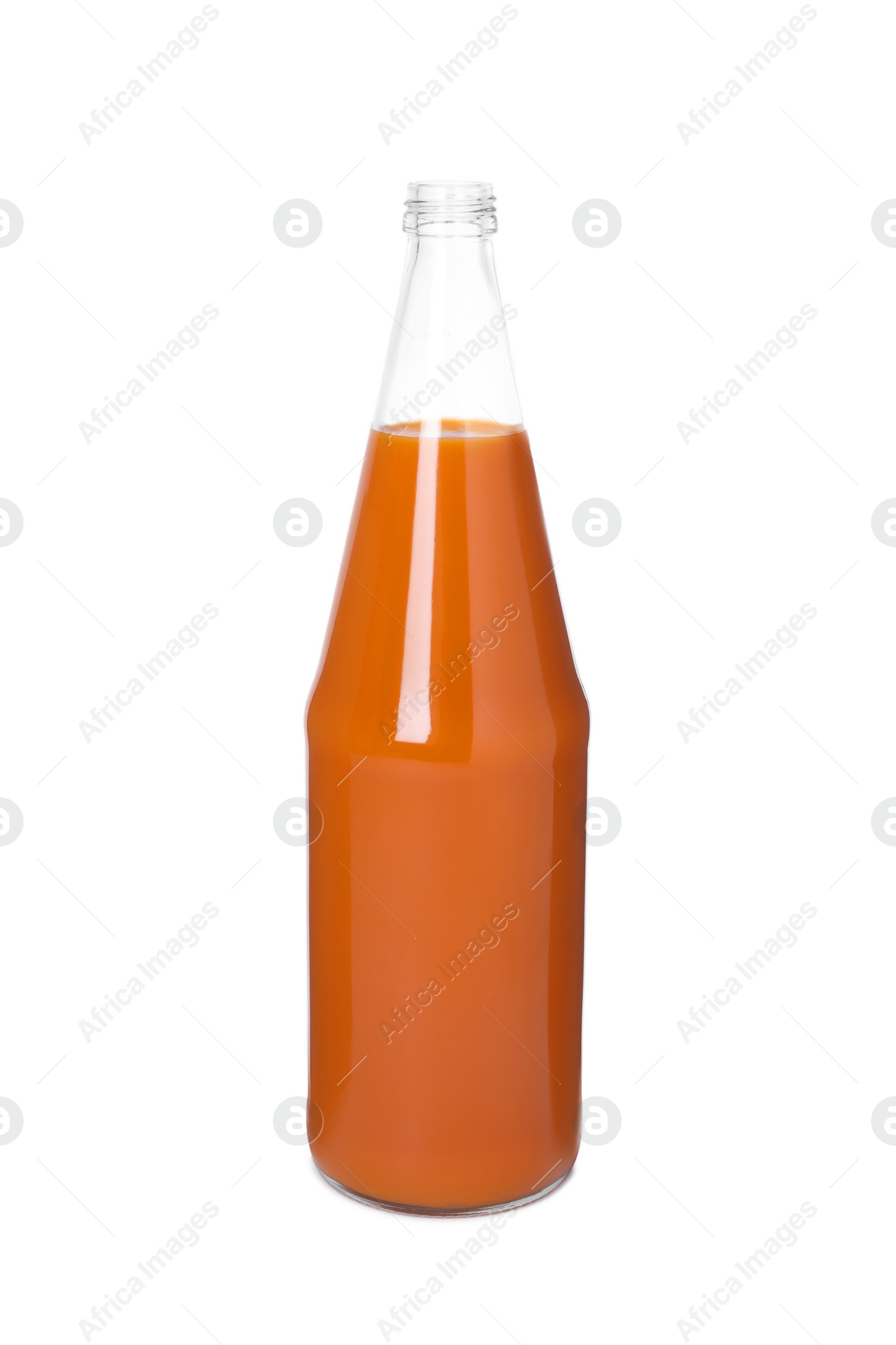 Photo of Fresh carrot juice in glass bottle isolated on white