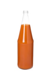 Photo of Fresh carrot juice in glass bottle isolated on white