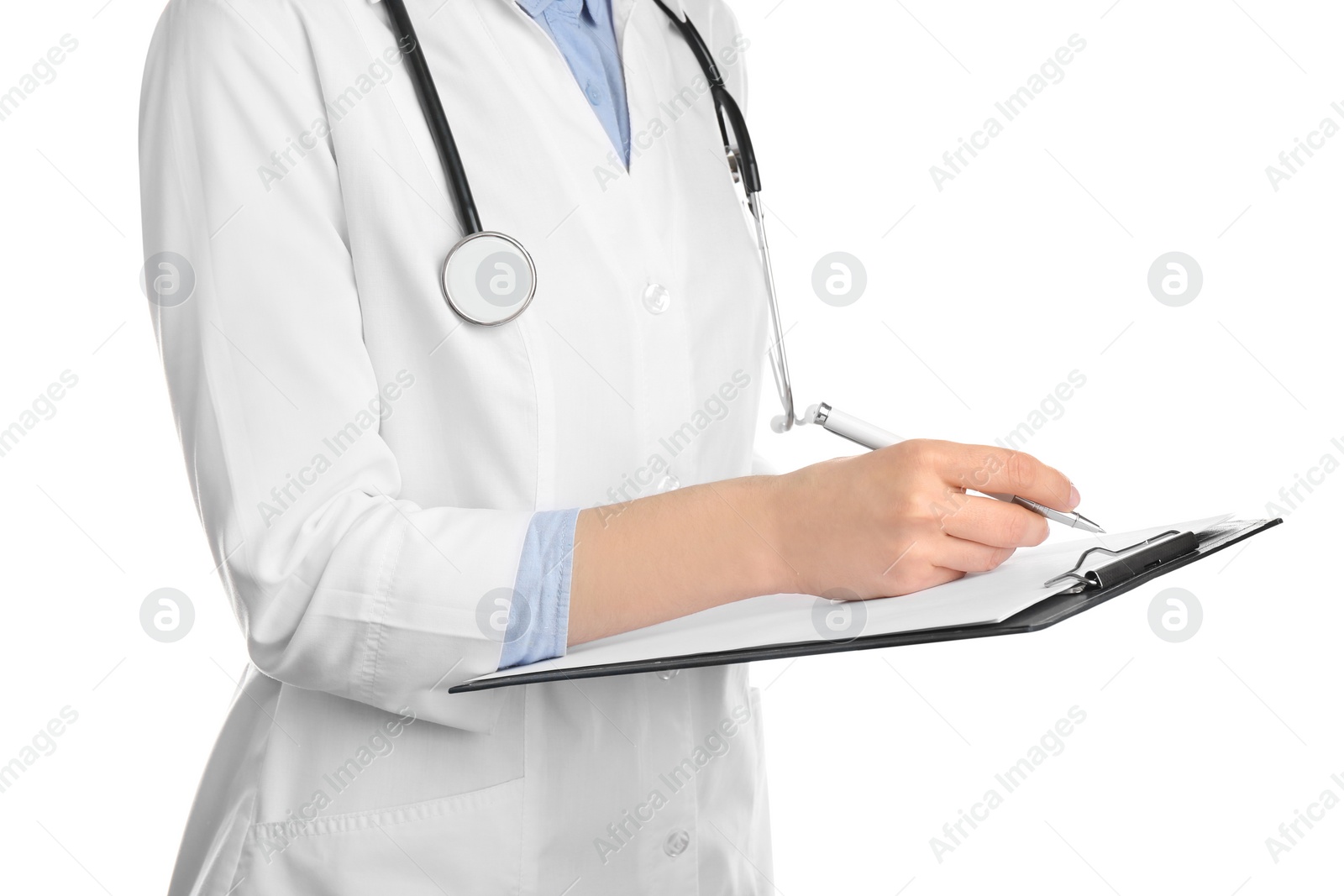 Photo of Doctor with stethoscope and clipboard on white background, closeup. Medical service