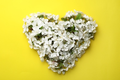 Photo of Heart made of beautiful fresh spring flowers on color background, top view