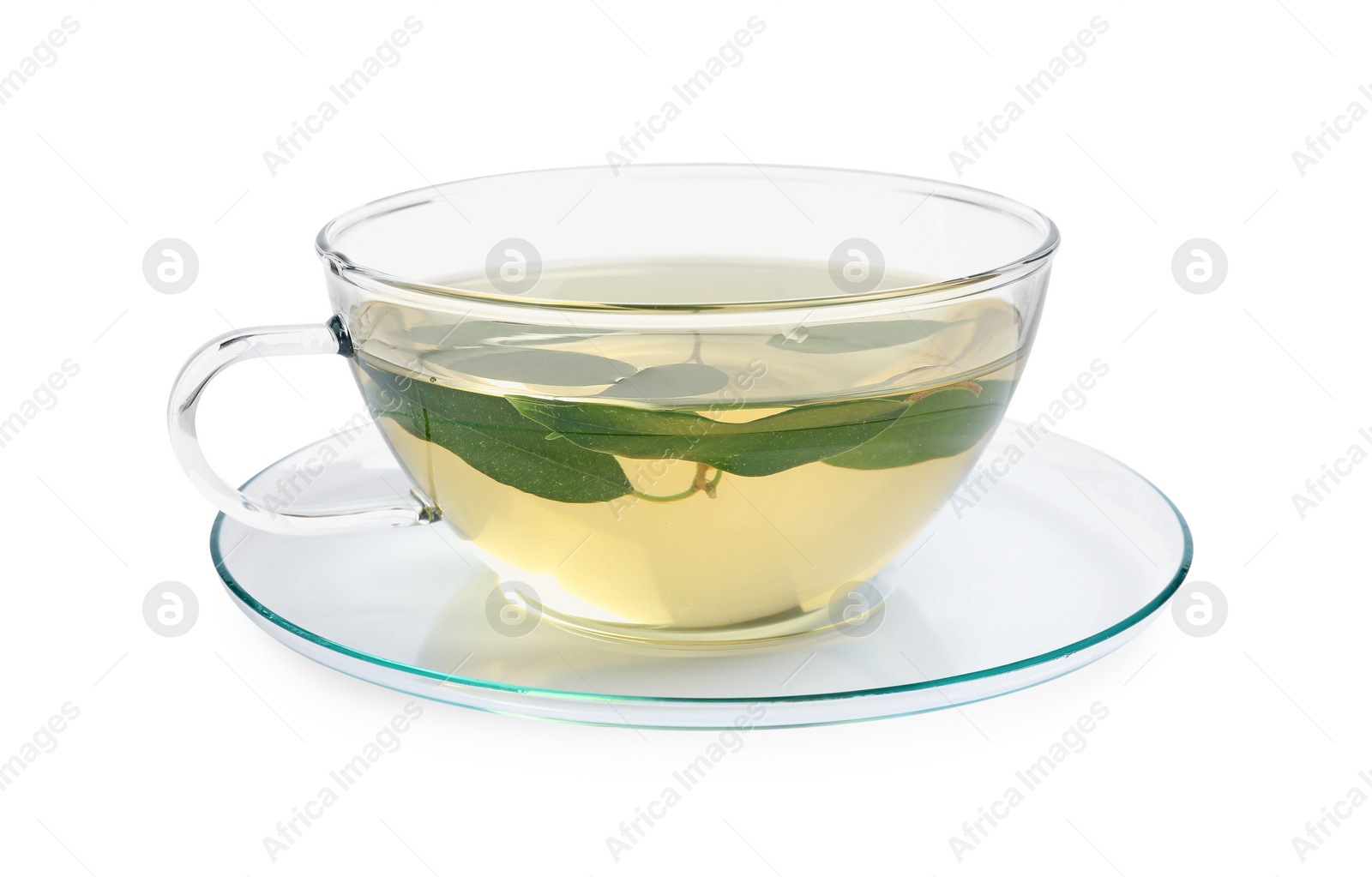 Photo of Refreshing green tea in cup isolated on white