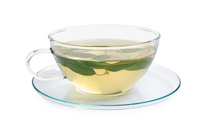 Photo of Refreshing green tea in cup isolated on white