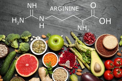 Image of Fresh vegetables, fruits and seeds on black table, flat lay. Sources of essential amino acids