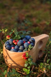 Photo of Wooden mug full of fresh ripe blueberries and lingonberries in grass, closeup