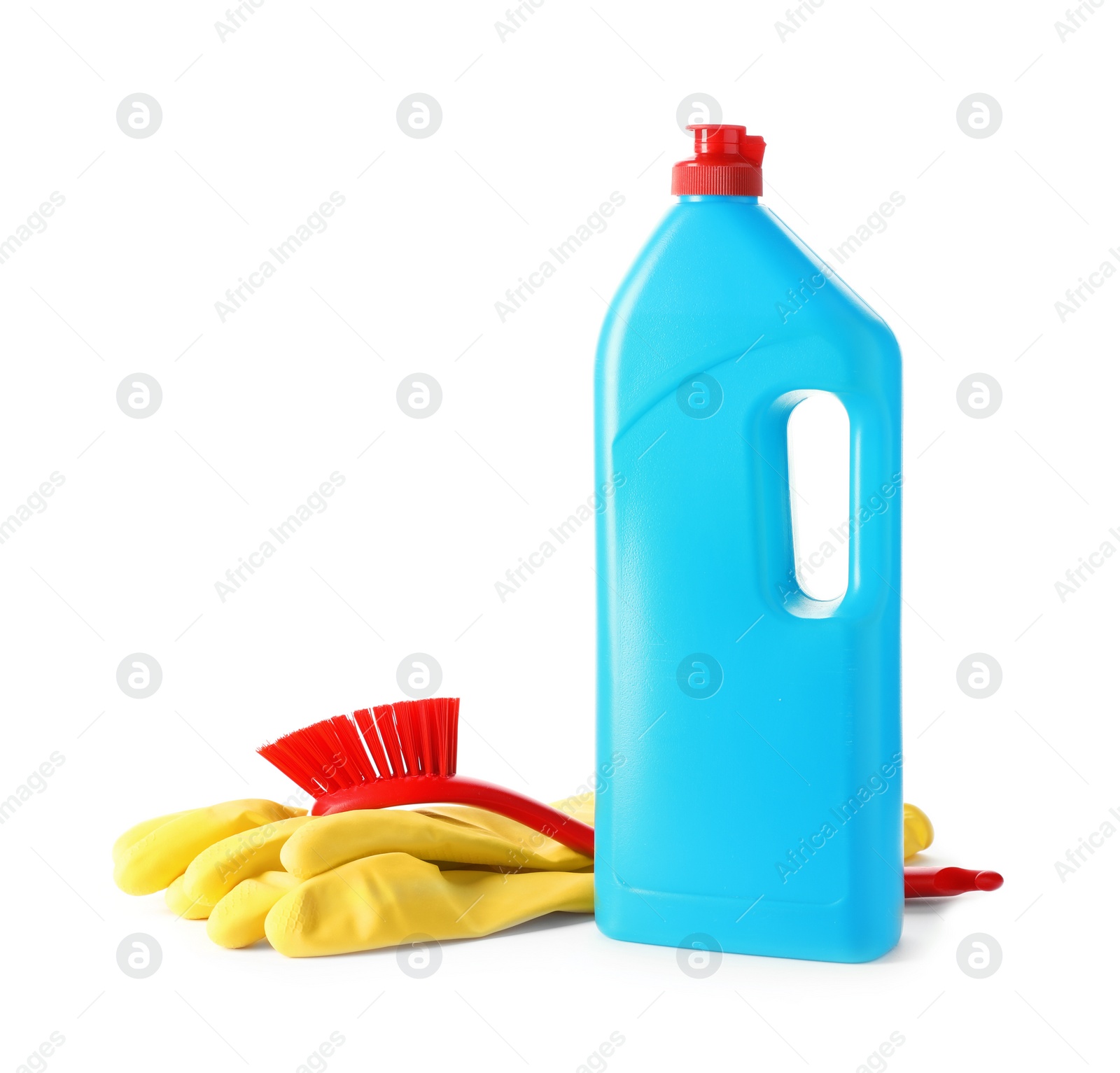 Photo of Cleaning product, rubber gloves and brush for dish washing on white background