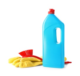 Photo of Cleaning product, rubber gloves and brush for dish washing on white background