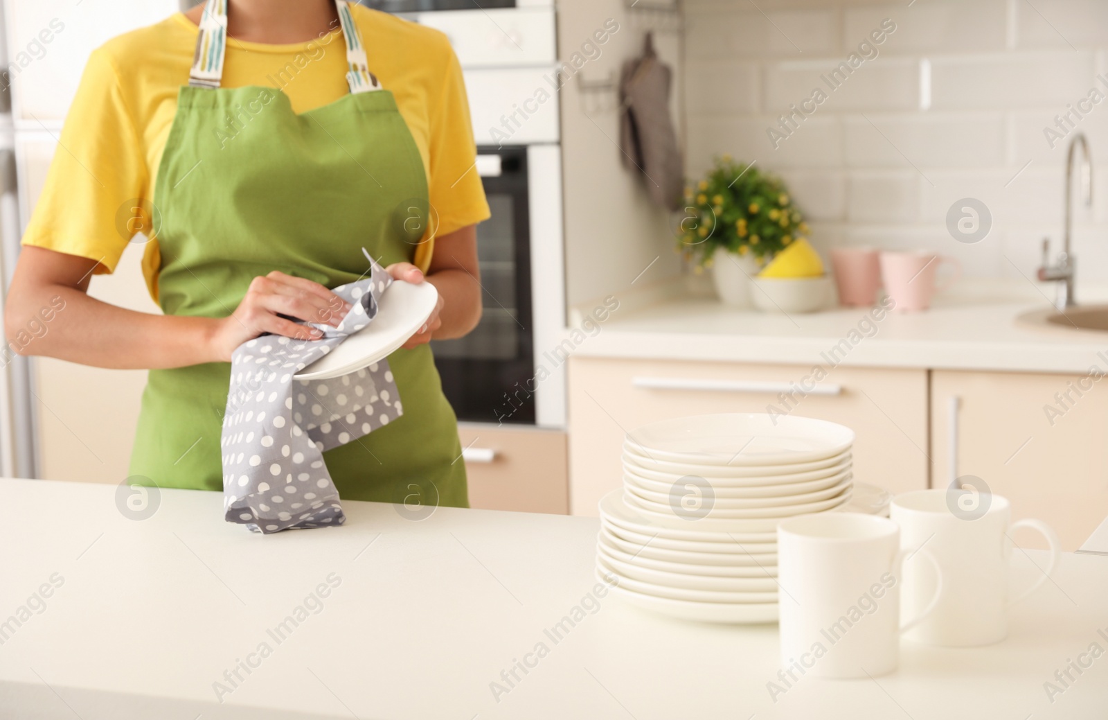 Photo of Young woman wiping clean plate in kitchen. Dish washing