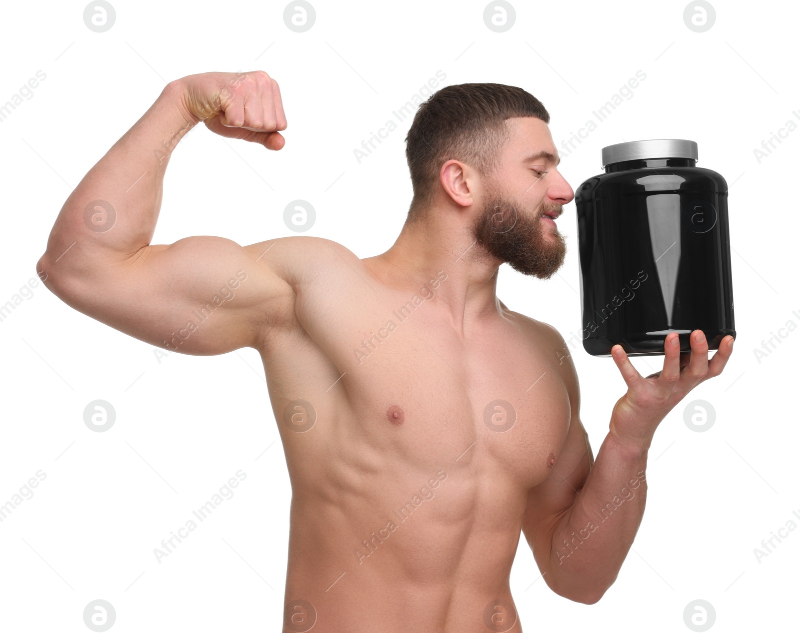 Photo of Young man with muscular body holding jar of protein powder on white background