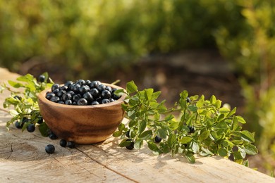 Photo of Bowl of bilberries and green twigs with ripe berries on wooden table outdoors