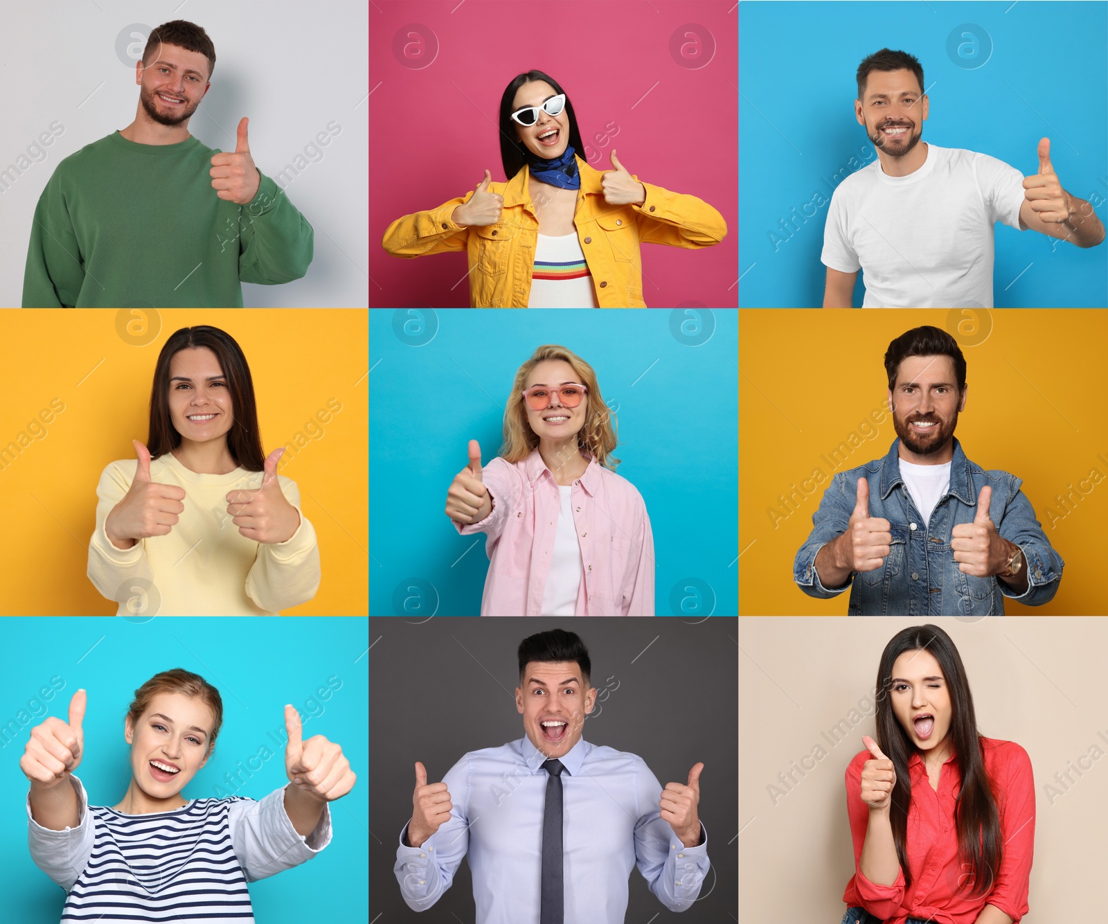 Image of Collage with photos of people showing thumbs up on different color backgrounds