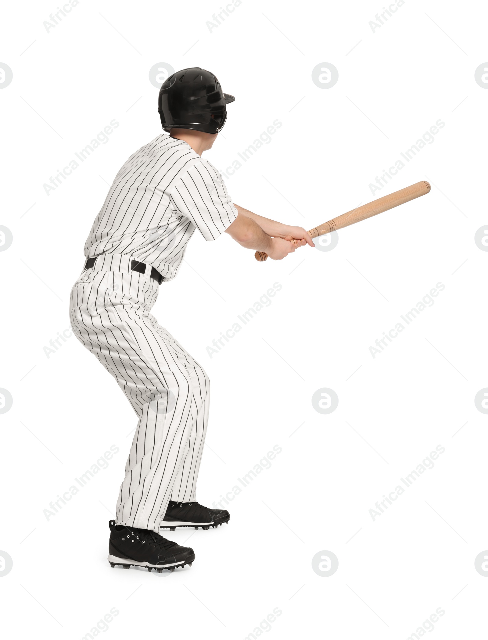 Photo of Baseball player taking swing with bat on white background, back view