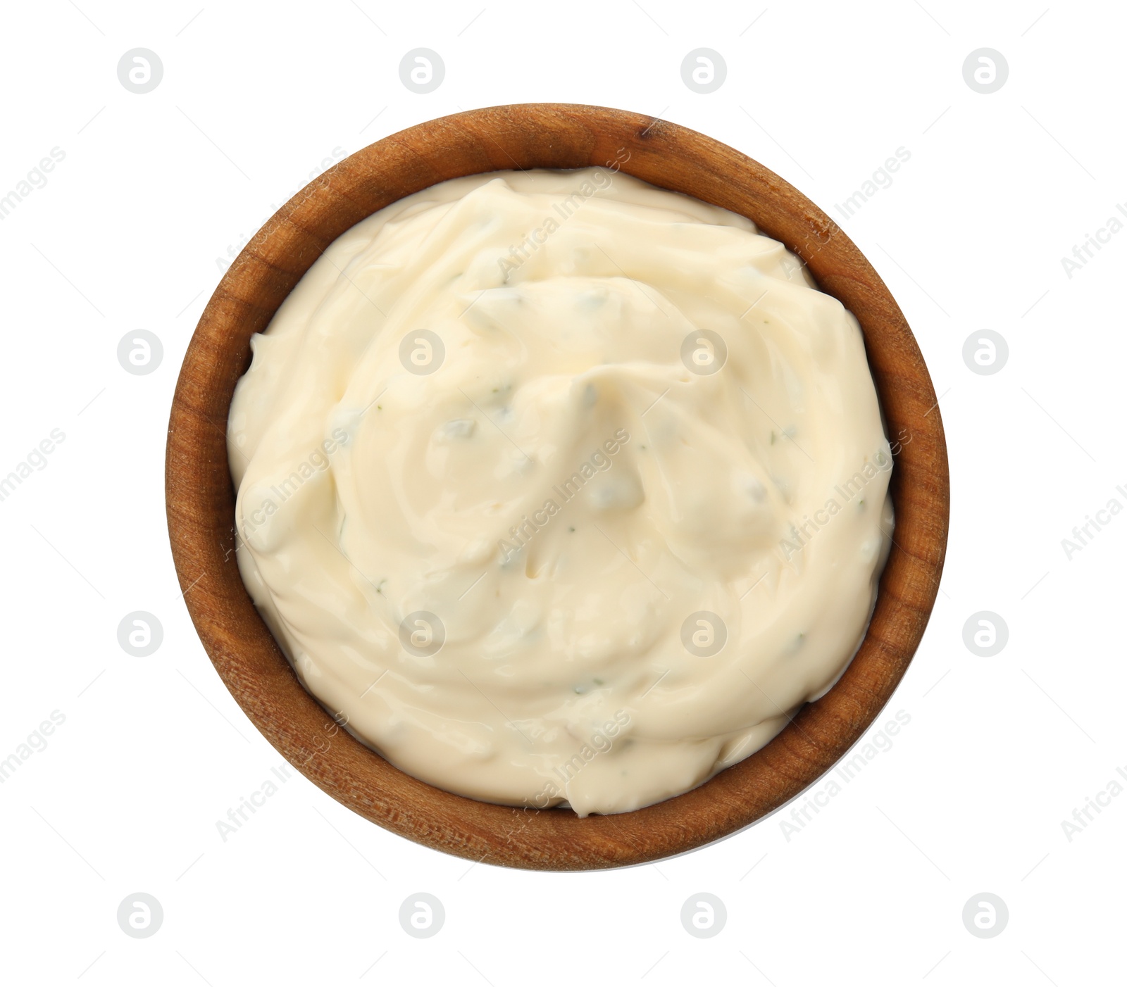 Photo of Tartar sauce in bowl isolated on white, top view