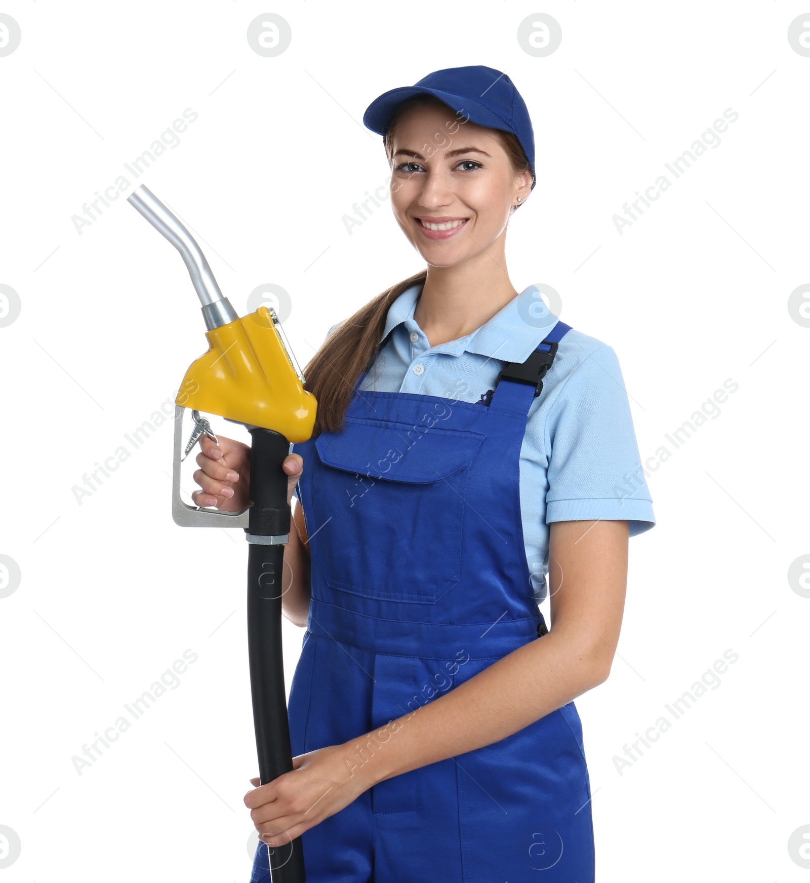 Photo of Gas station worker with fuel nozzle on white background