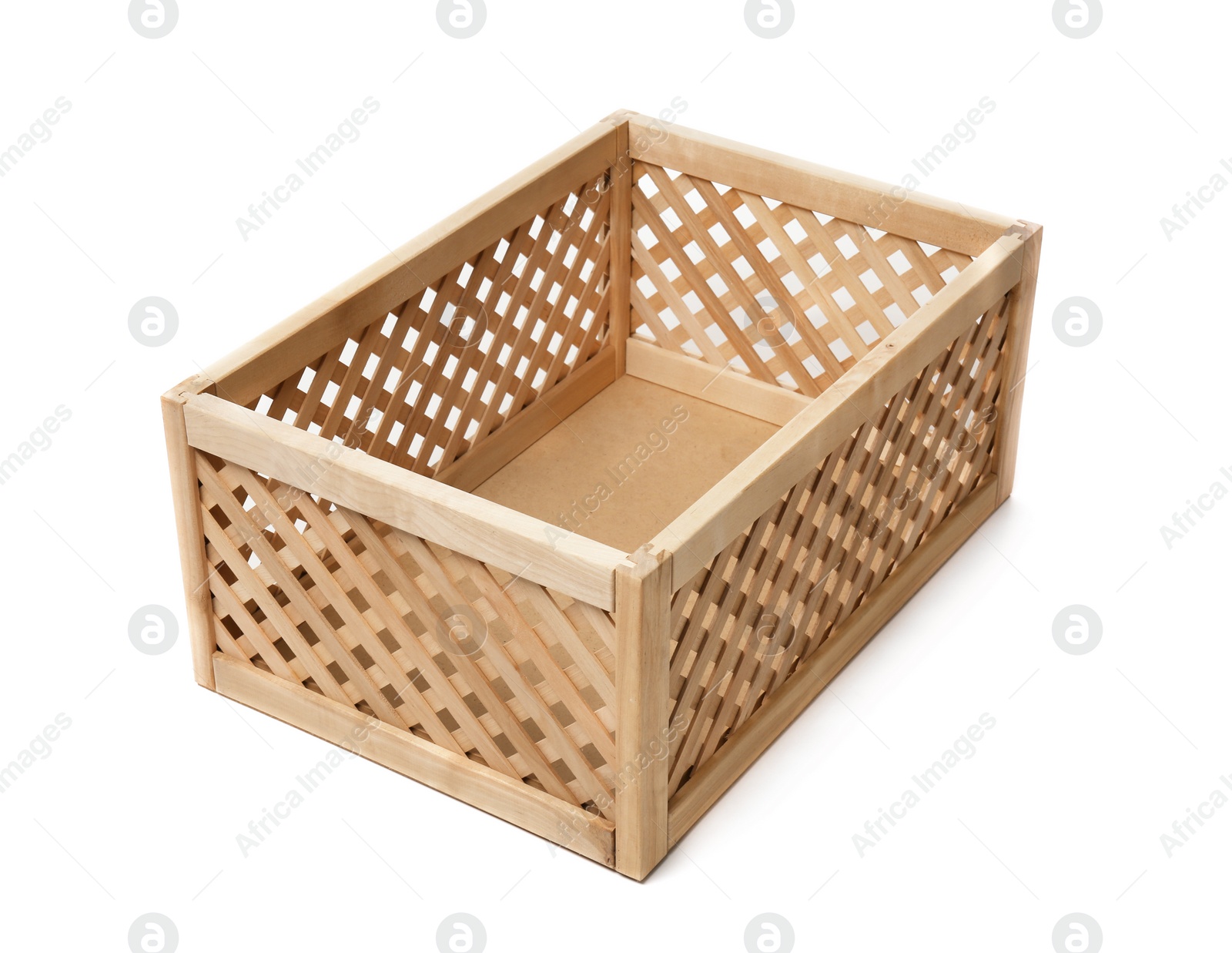 Photo of Empty open wooden crate isolated on white