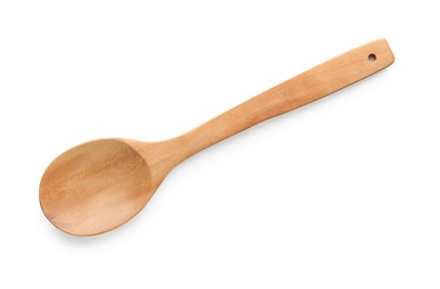 Photo of One empty wooden spoon isolated on white, top view