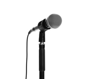 Stand with modern microphone on white background