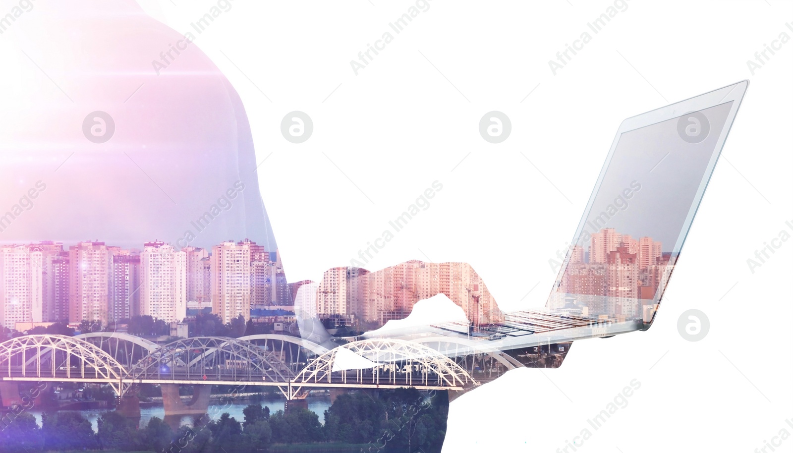 Image of Double exposure of businessman using laptop and city landscape