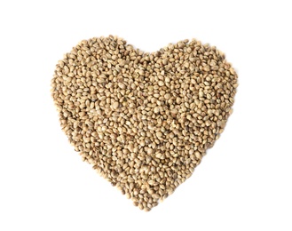 Pile of hemp seeds on white background, top view