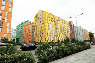 KYIV, UKRAINE - MAY 21, 2019: Modern housing estate COMFORT TOWN in Dniprovskyi district on sunny day