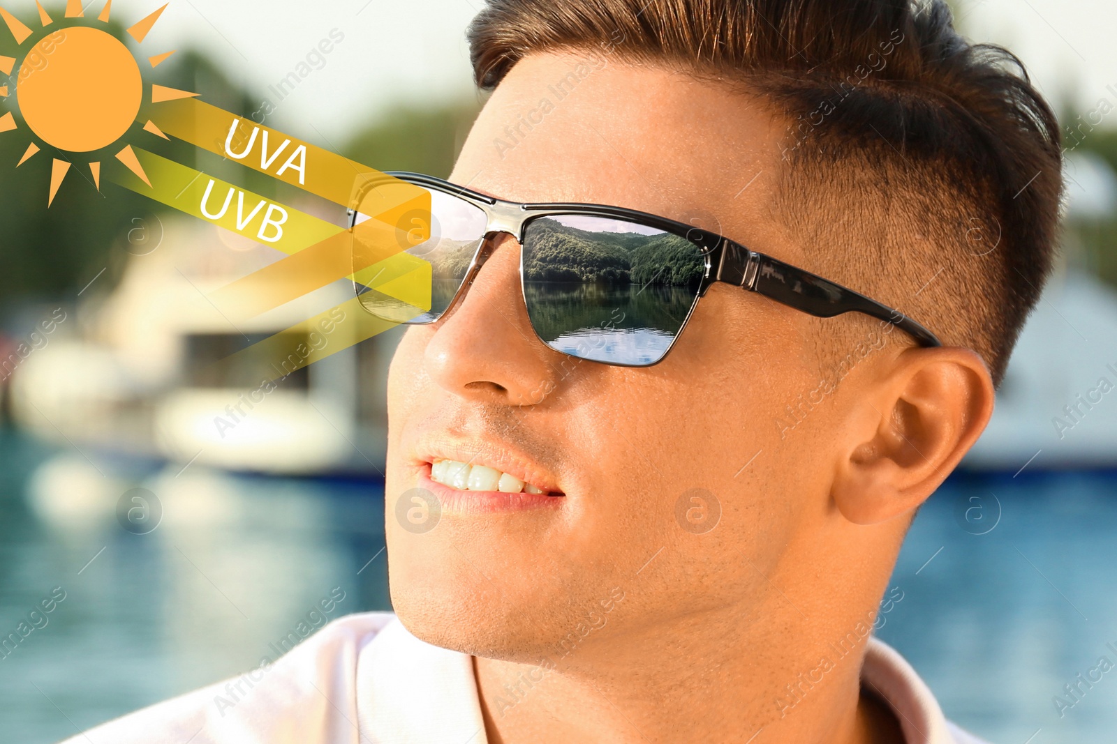 Image of Man wearing sunglasses outdoors, closeup. UVA and UVB rays reflected by lenses, illustration