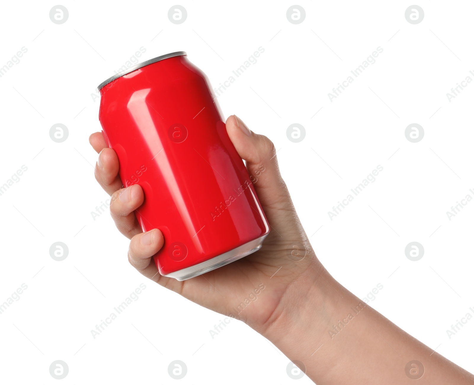 Photo of Woman holding red aluminum can on white background, closeup