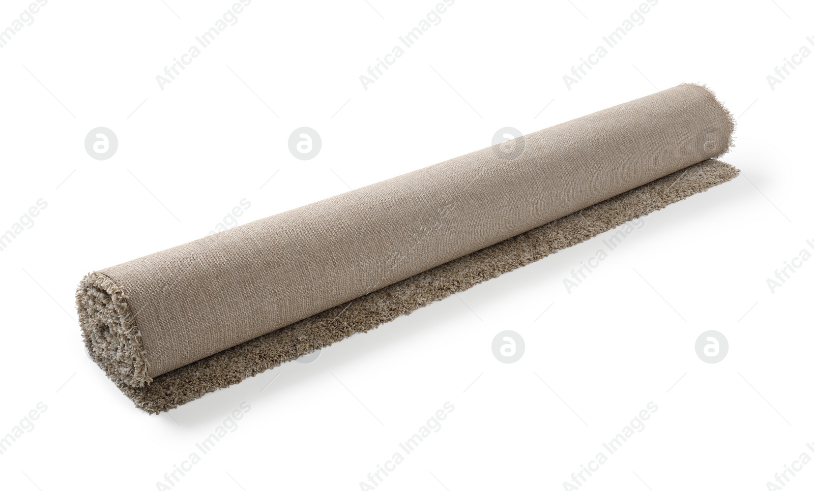 Photo of Rolled fuzzy carpet on white background. Interior element