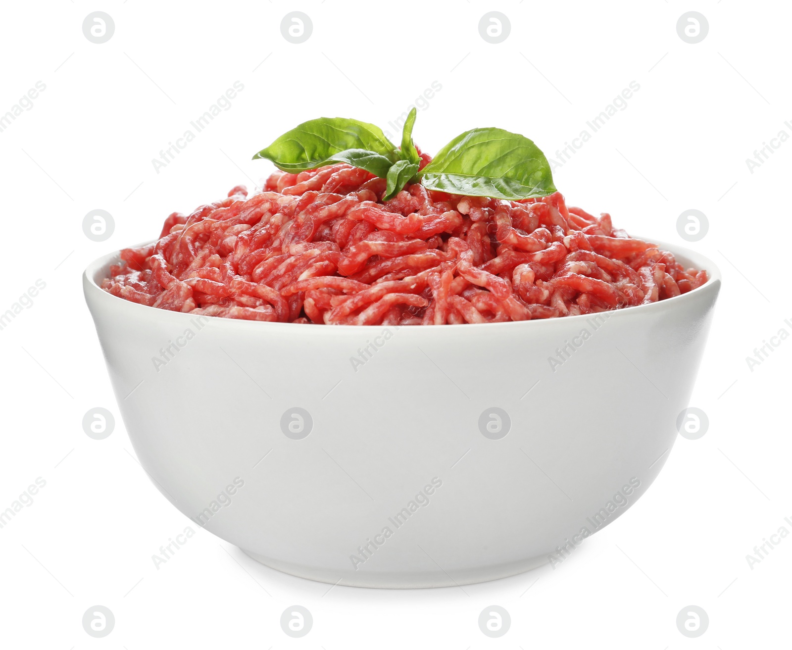 Photo of Fresh raw minced meat and basil on white background