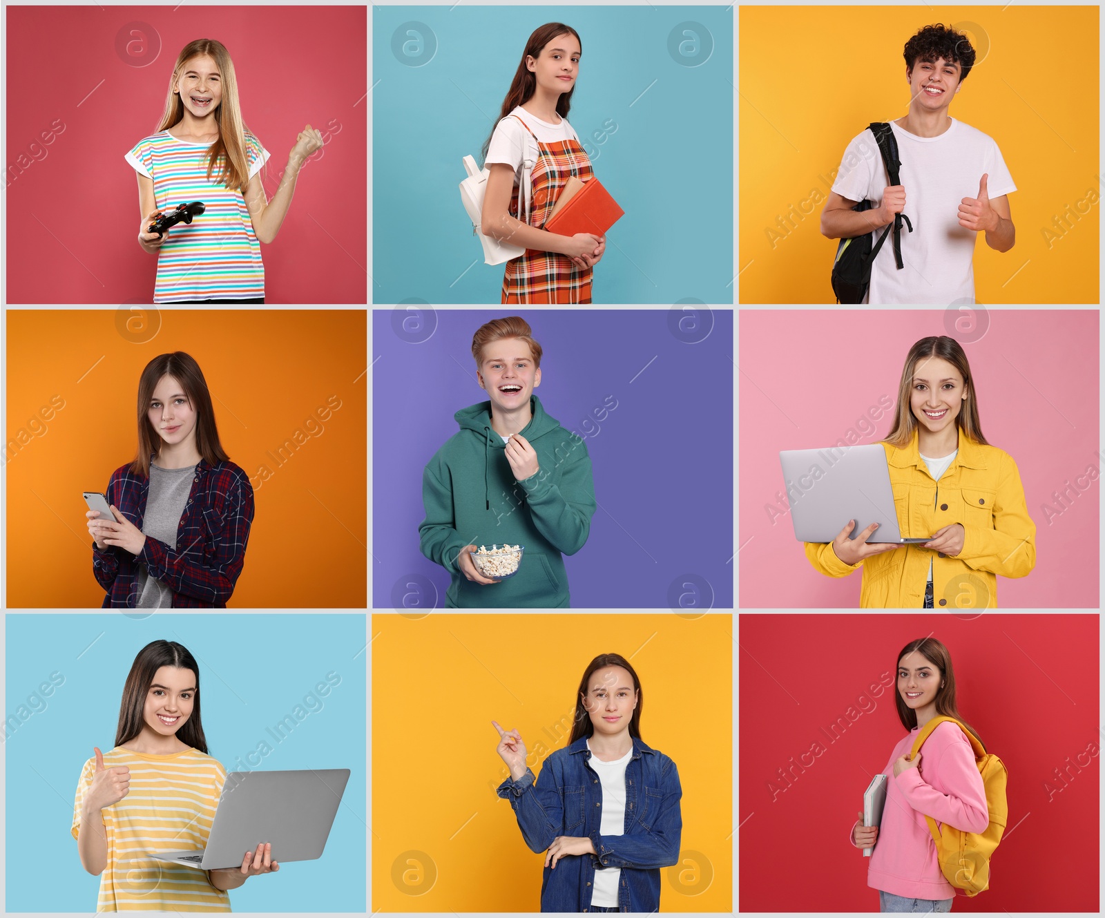 Image of Photos of teenagers on different color backgrounds, collage