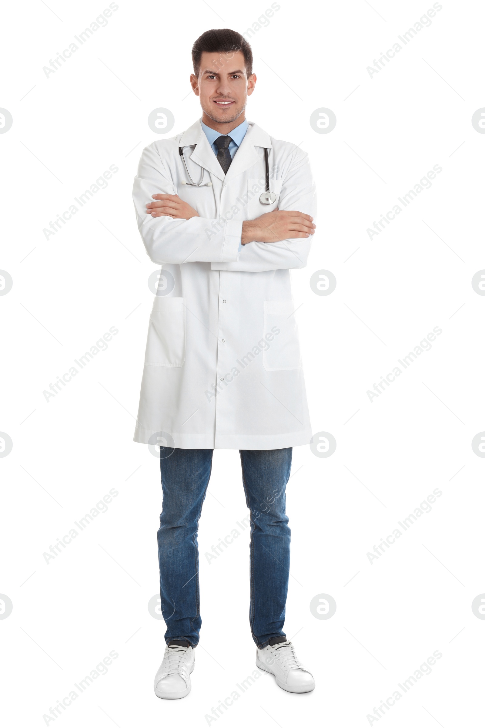 Photo of Portrait of doctor with stethoscope on white background