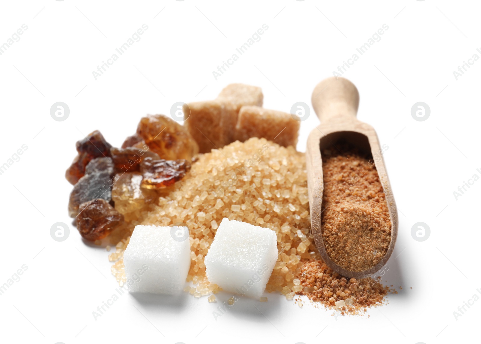 Photo of Various kinds of sugar on white background