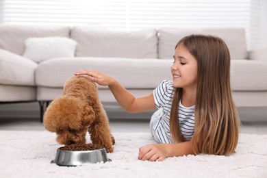 Photo of Little child feeding cute puppy on carpet at home. Lovely pet