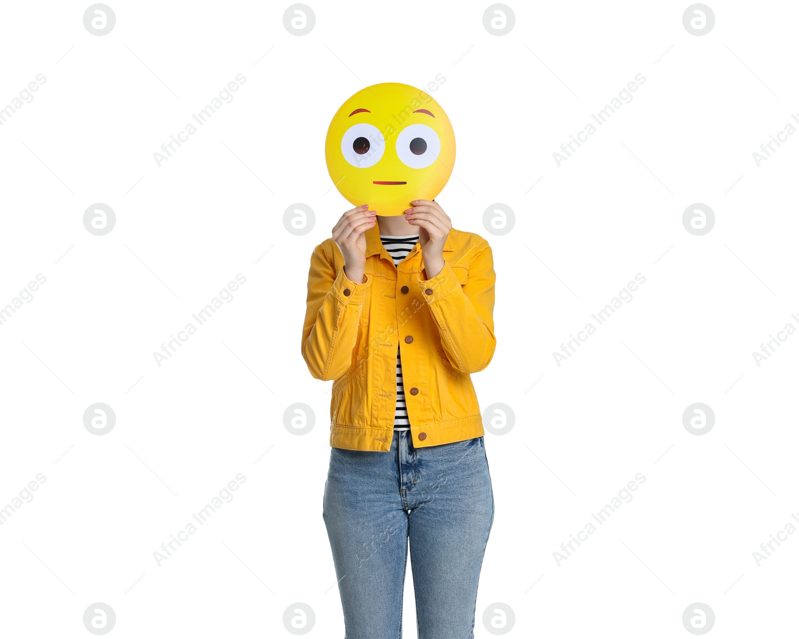 Photo of Woman covering face with surprised emoticon on white background