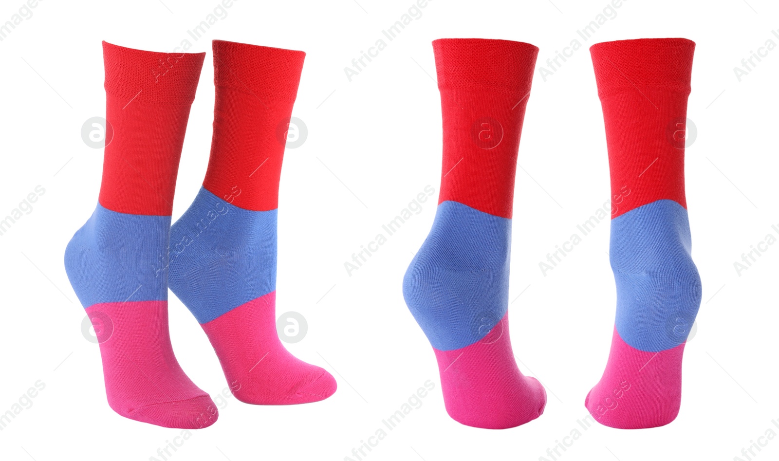 Image of Pairs of bright socks on white background, collage