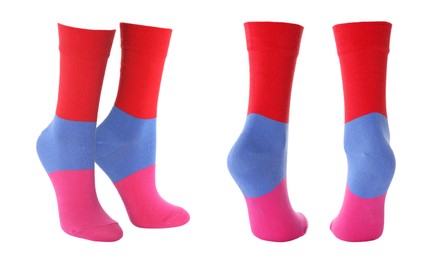 Pairs of bright socks on white background, collage