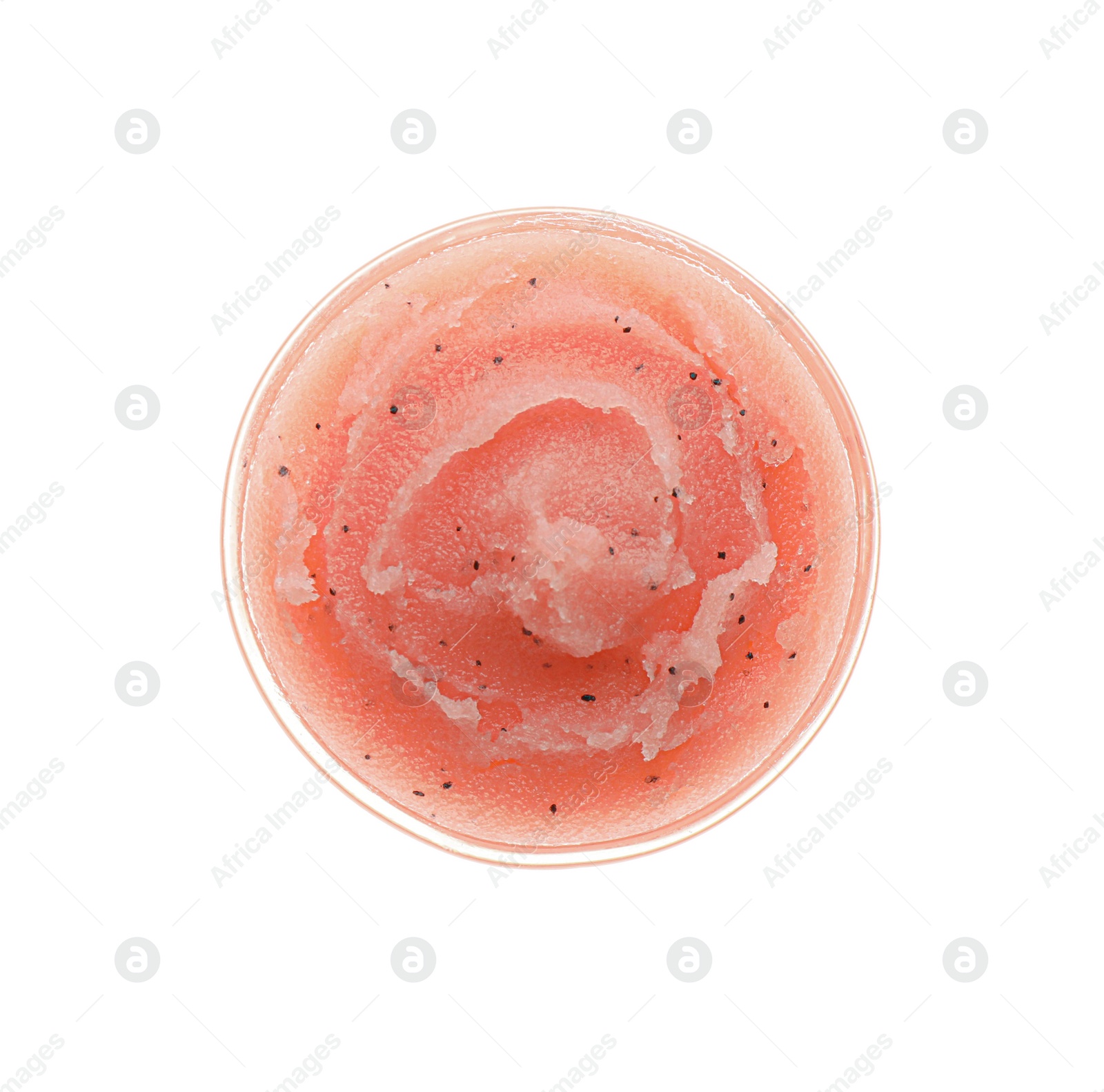 Photo of Bowl of pink body scrub isolated on white, top view