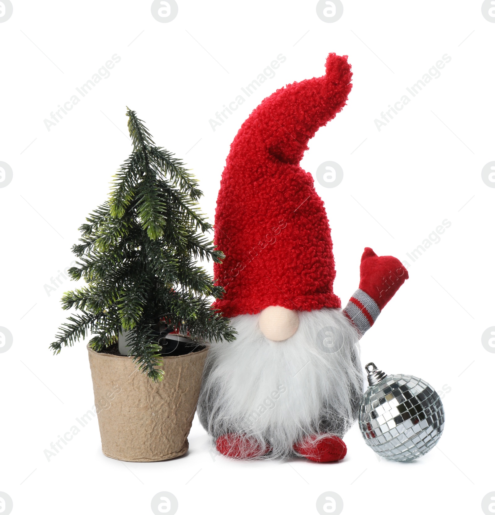 Photo of Funny Christmas gnome with tree and bauble on white background