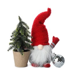 Funny Christmas gnome with tree and bauble on white background