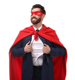 Photo of Happy businessman wearing superhero costume under suit on white background