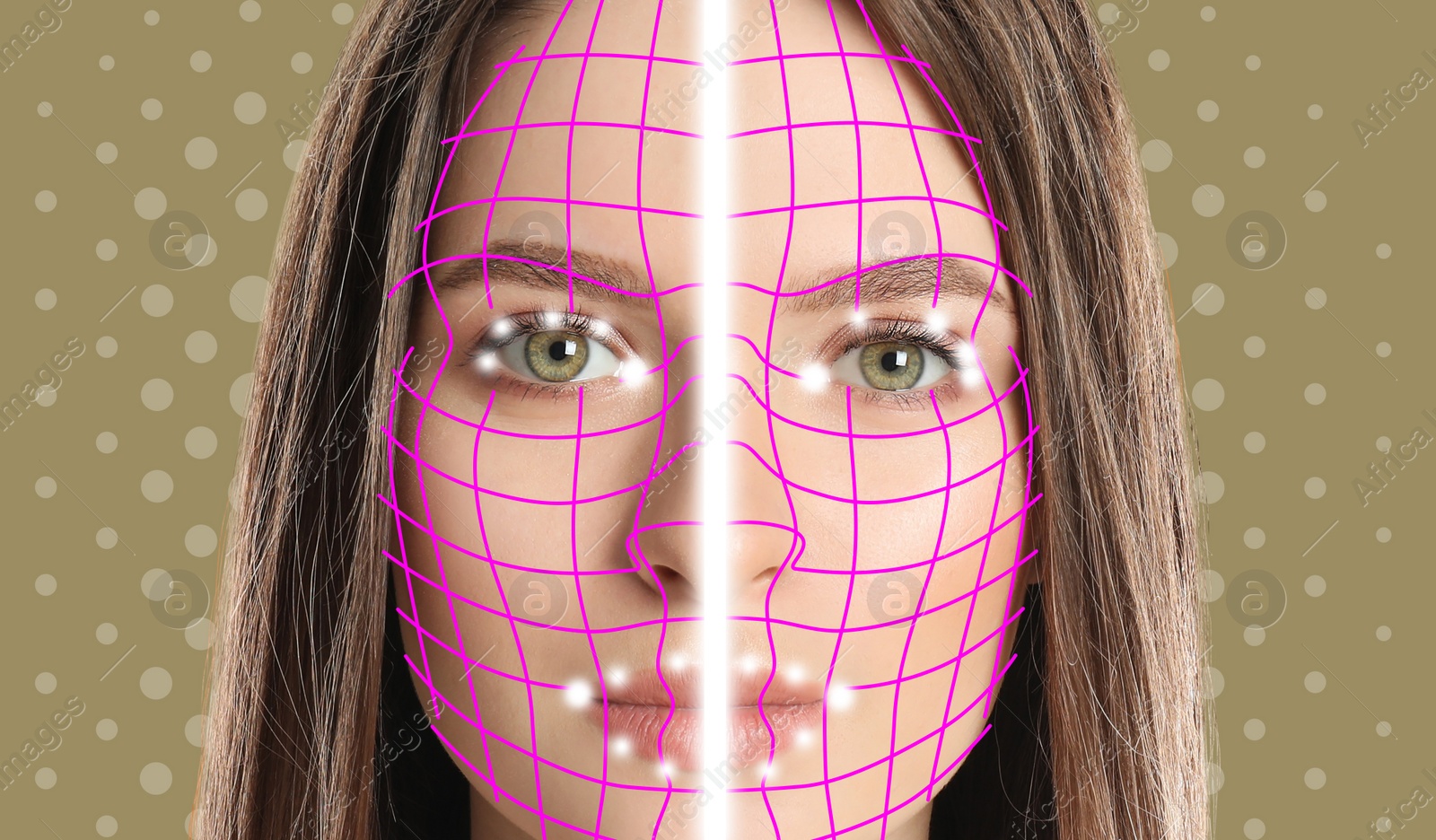 Image of Facial recognition system. Woman with digital biometric grid on dark background