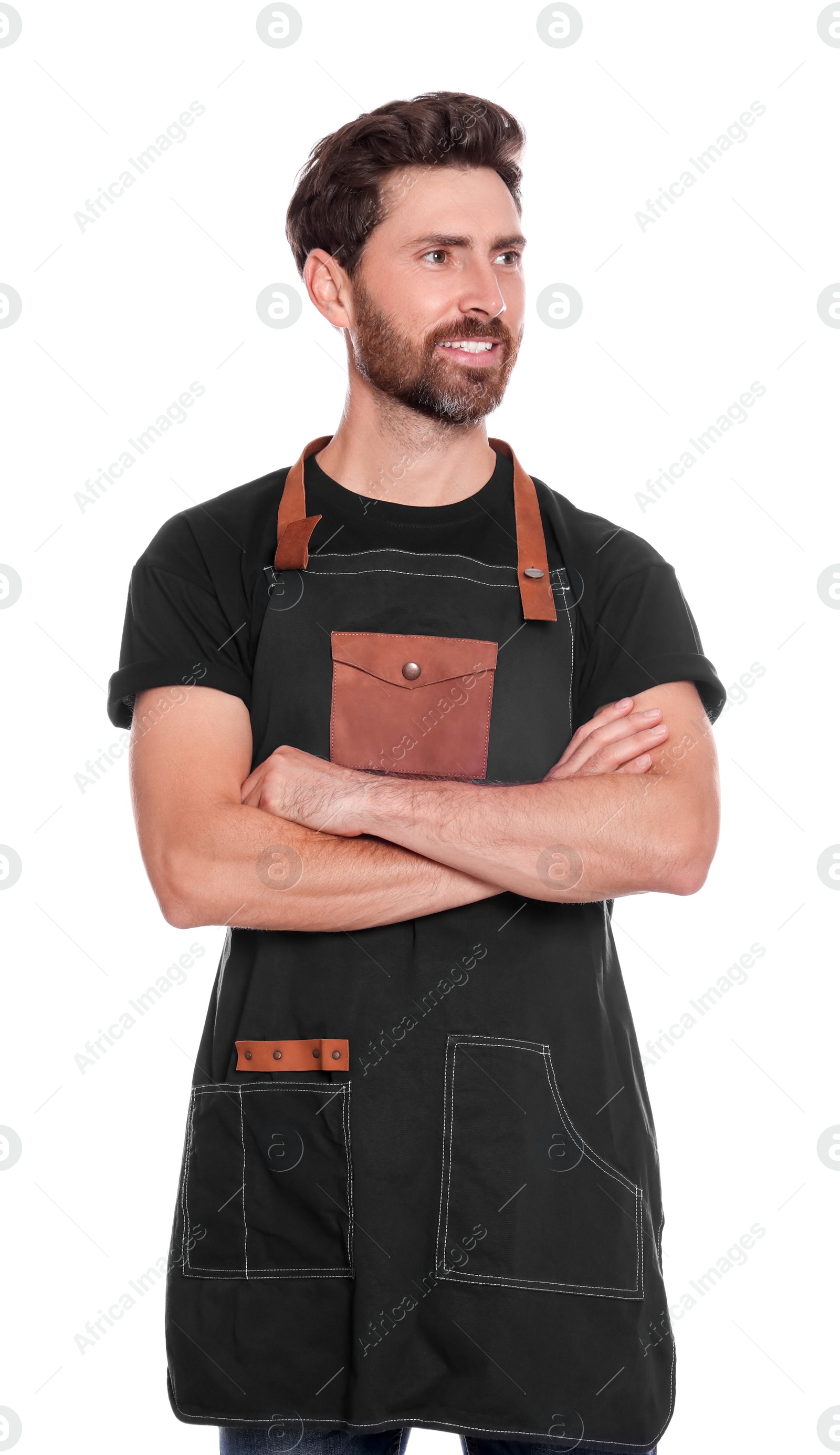 Photo of Professional hairdresser wearing apron on white background
