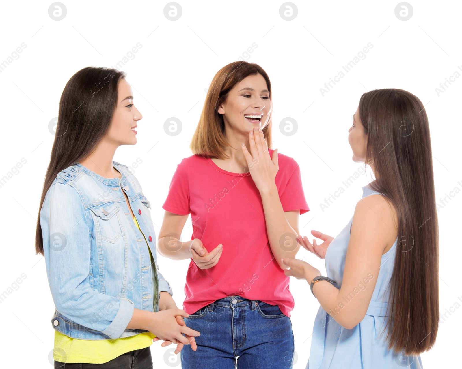 Photo of Hearing impaired friends using sign language for communication isolated on white