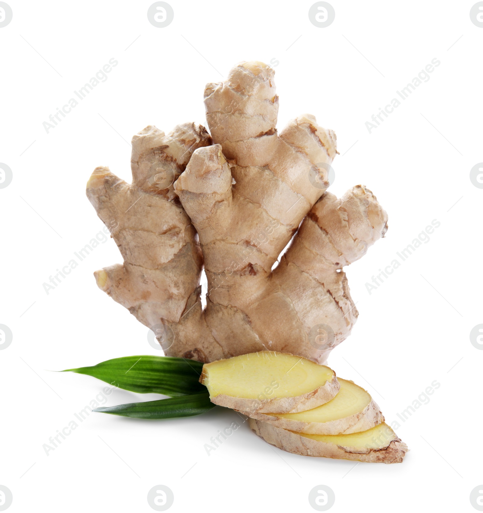 Photo of Whole and cut fresh ginger with leaves isolated on white